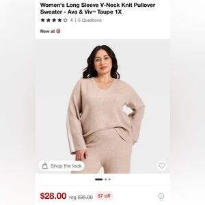 Size XXL Ava & Viv Women's V-Neck Sweater - Taupe and Cream